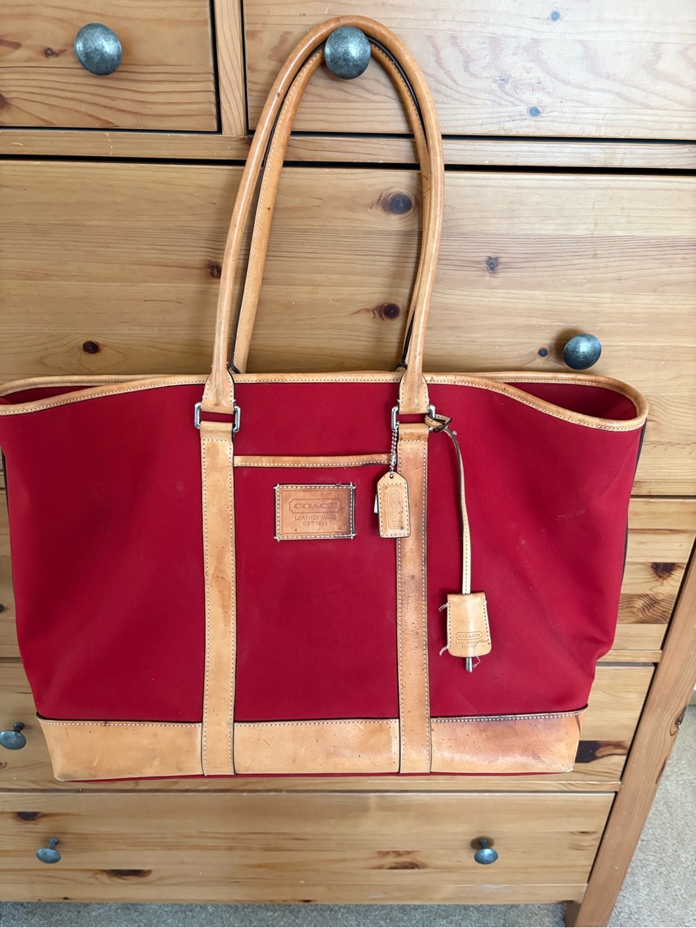 COACH Red Canvas Duffel with Tan Leather Trim - Picture 2 of 13
